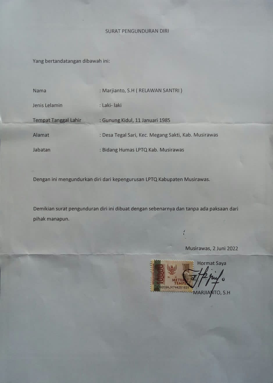 Ustadz Marjianto Layangkan Surat Pengunduran Diri Dari LPTQ Kabupaten Musi Rawas