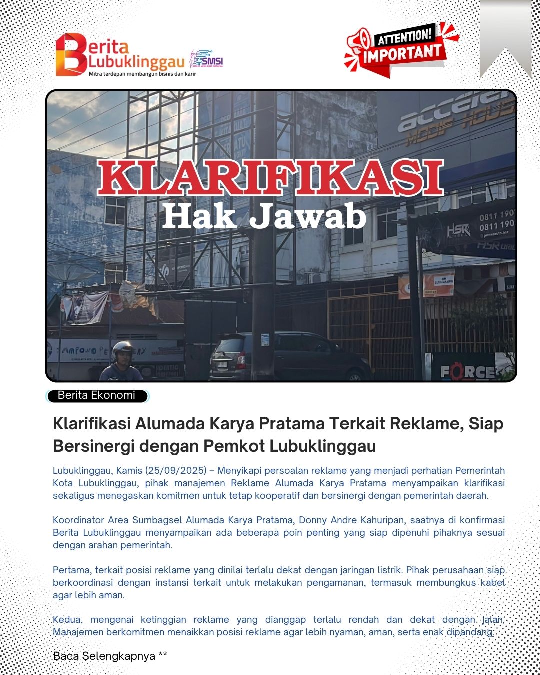 Klarifikasi Alumada Karya Pratama Terkait Reklame, Siap Bersinergi & Penuhi Atensi Pemkot Lubuklinggau